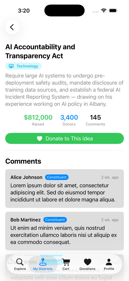 Idea detail screen for the AI Accountability and Transparency Act, showing dollars raised, donor count, and comments.